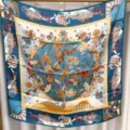 Luxury silk square scarf with classic carriage and floral pattern, elegant vintage shawl. - Clear Blue and Warm Orange RY-37
