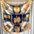 Luxury 100% silk square scarf with classic equestrian knight and carriage pattern for women 90cm. - Beige and Blue With Gold Tones RY-35