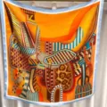 Luxurious 100% silk square scarf featuring an elegant equestrian and geometric print design. - Vintage Harness RY-42