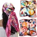 Satin silk square scarf 90cm head wrap for women, fashionable floral print hair scarf accessory. - Style 011