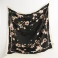 Classic black silk square scarf with elegant floral magnolia branch print for women fashion. - RY-16