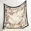 Elegant floral print silk square scarf detail, vintage branch design with stylish black border. - RY-19