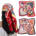 Women square silk satin scarf elegant floral print hair scarf head wrap 90cm scarf for daily. - Style 006