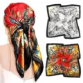 Women satin square hair scarf vintage baroque print head wrap 90cm fashion accessory - Style 007