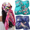 Satin square headscarf 90cm vintage floral geometric silk feel hair wrap for women - Style 009