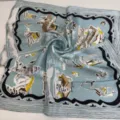 Elegant light blue ski theme print silk square scarf, soft artistic style accessory for women. - Light Blue Life Sketch