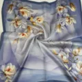 Silk square scarf with artistic floral oil painting print, soft artistic style accessory variant. - Gray-Blue Magnolia Scarf