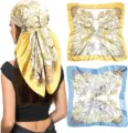 Elegant satin silk square headscarf 90cm, stylish floral print hair wrap and neck scarf. - Style 027