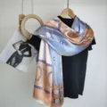 Elegant silk long scarf with chic strap and buckle print, luxurious accessory for women. - Equestrian Elegance