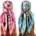 Stylish 90cm square satin silk scarf with abstract geometric print, vibrant colors for women. - Style 029