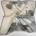 Silk square scarf with artistic lotus oil painting print, soft color vintage style accessory. - Ink Lotus Pattern Scarf
