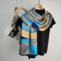 Elegant long geometric silk scarf with houndstooth pattern for women spring fashion. - Blue Geometric Patchwork Woven Series