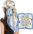 Elegant 90cm satin silk square scarf featuring vintage floral blue stripe design. - Style 016