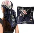 90cm Satin Silk Square Scarf for Women Navy Blue Floral Peony Hair Scarf Head Wrap - Style 015