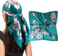 Teal floral satin square scarf 90cm for women, elegant hair wrap and silk-like neckerchief. - Style 025