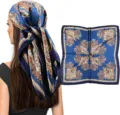 Blue paisley square satin scarf 90cm, stylish headscarf and hair wrap for women daily wear. - Style 023