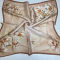 Elegant beige floral oil painting print silk square scarf, soft artistic satin headscarf. - Warm Brown Magnolia Scarf