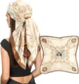 Women square satin silk head scarf, vintage baroque print luxury hair wrap for women. - Style 017