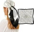 90cm square satin silk head scarf with modern black and white geometric pattern for women - Style 018