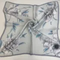 Grey floral print silk square scarf, elegant blue peony pattern silk wrap accessory. - Grey Blue Peony Scarf