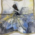 Artistic floral oil painting print silk crepe de chine square scarf in elegant muted colors. - Blue & Yellow Abstract Scarf