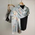 Light blue floral print silk scarf, elegant long satin wrap for women daily spring style. - Camellia Soft Note