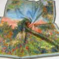 Exquisite floral oil painting print silk satin square scarf, artistic and elegant style. - Oil Painting Flower Field Scarf