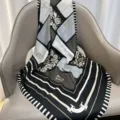 Chic printed twill silk scarf featuring elegant handbag motifs and modern geometric striped borders. - RY-13