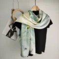 Elegant floral silk scarf for women, lightweight spring shawl and stylish long neck wrap. - Green Mist Lotus Series