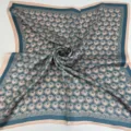 Silk satin square scarf with artistic floral print and elegant geometric border design. - Cyan Scarf with Fan Pattern