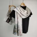 Silk scarf for women, elegant floral landscape print long shawl, lightweight crepe de chine. - Ink Flower and Hidden Mountain Series