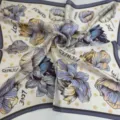 Silk square scarf with artistic floral oil painting print and elegant soft color style variant. - Yellow Dotted Purple Flower Scarf