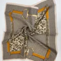 Luxury Silk Scarf Houndstooth Horsebit Print Beige Square Neckerchief Fashion Accessory - Brown & Yellow Paisley Plaid