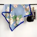 Elegant 90cm floral silk-feel square scarf for women, stylish blue border large shawl. - RY-17