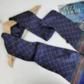 Retro blue silk men's long scarf with elegant geometric print, premium suit accessory. - Navy Blue Gold Geometric Horseshoe Buckle
