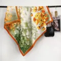 90cm Floral Twill Square Scarf Silk Feel Orange Green Women Shawl Fashion Daily Accessory - RY-29