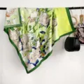 Green border abstract floral print satin feel large square scarf elegant women shawl - RY-30