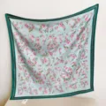 Elegant 90cm square silk scarf with fresh floral pattern and green border for women. - RY-39