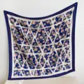 Elegant 90cm floral print silk feel square scarf, blue geometric women fashion shawl. - RY-40