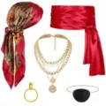 Kit accessoires costume pirate médiéval foulard rouge ceinture et collier pièces d'or style rétro - Set de 5 pièces