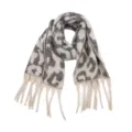 Detailed view of women autumn winter vintage leopard print loop yarn scarf with cute fringe. - Beige Leopard