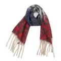 Detailed view of winter retro leopard print tassel scarf, soft cozy loop yarn material. - Leopard Print Red, Grey & Blue