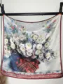 Detailed view of the 53cm oil painting silk square scarf featuring classic floral art print. - Monet Daisies