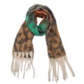 Detailed closeup of the stylish retro leopard print scarf featuring cozy textured tassels. - Leopard Print Orange & Coffee