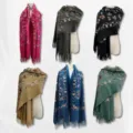 Embroidered cashmere feel shawl scarf ethnic floral winter warm women outer wear variant - Color 0112