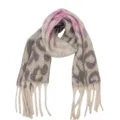 Stylish winter leopard print scarf with trendy fringe design, cozy retro neck warmer accessory. - Leopard Print Grey & Purple