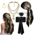 Ensemble de costume de pirate d'Halloween avec foulard imprimé, collier doré et cache-œil. - Ensemble 6 pièces noir
