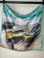 Detailed close-up view of a square silk scarf featuring a vibrant oil painting boat design. - Van Gogh Three Fishing Boats