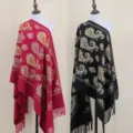 Elegant embroidered paisley cashmere feel shawl with fringe in red and black colors. - 21