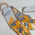 Luxury 100% silk ribbon scarf with artistic autumn tree print and brown border, main view - Light Blue, Orange & Yellow Ink Splash